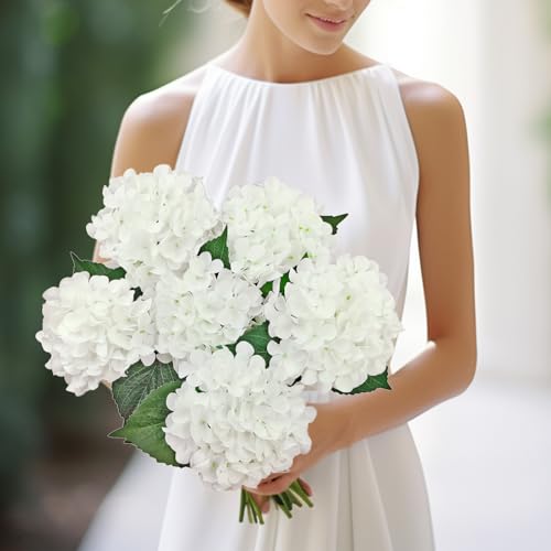 6PCS White Artificial Hydrangea Flowers - Realistic Silk Faux Bouquets