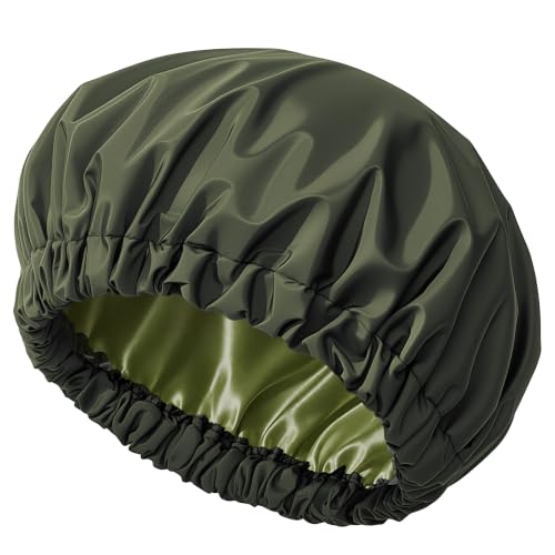 Edoneery Green Satin-Lined Waterproof Shower Cap for Women - Large Size, Reusable & Stylish