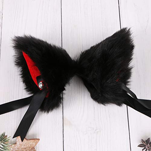 Evermarket Faux Furry Cat Ears Hair Clip with Bell - Cosplay Headband, Black-Inner Red