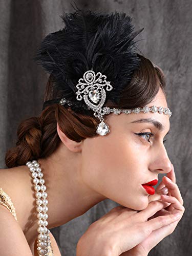 SWEETV 1920s Flapper Headpiece, Black Ostrich Feather Gatsby Hair Accessory