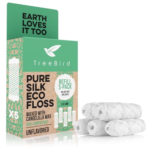 TreeBird Unflavored Silk Dental Floss Refills - Eco-Friendly 5 x 33yd Spools, Waxed with Candelilla