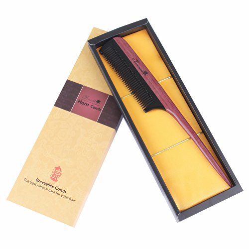 Breezelike Handmade Rat Tail Hair Comb, Purpleheart Wood & Buffalo Horn