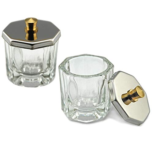 Mini Glass Dappen Dish with Stainless Steel Lid - Nail Art Mixing Cup, 2 Pack