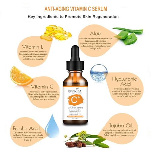 Cosmida Vitamin C Serum for Face with Hyaluronic Acid, Collagen, 1 Fl Oz - Brightening & Anti-Aging Skincare