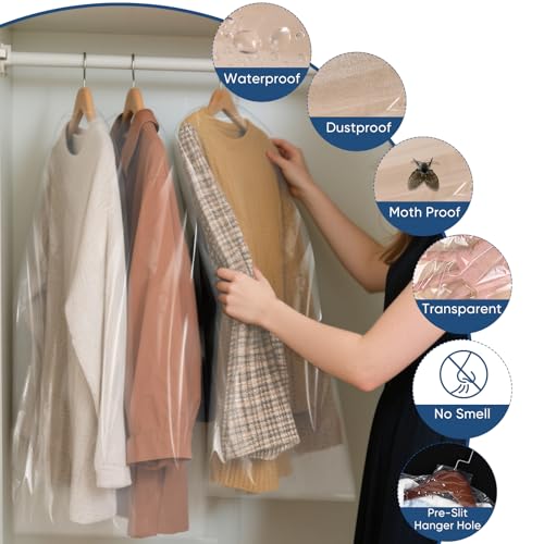 50 Pack Clear Garment Bags for Hanging Clothes - Thick Plastic Covers