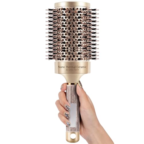 SIMPOR 65mm Round Boar Bristle Hair Brush - Gold, Nano Ceramic for Blow Drying