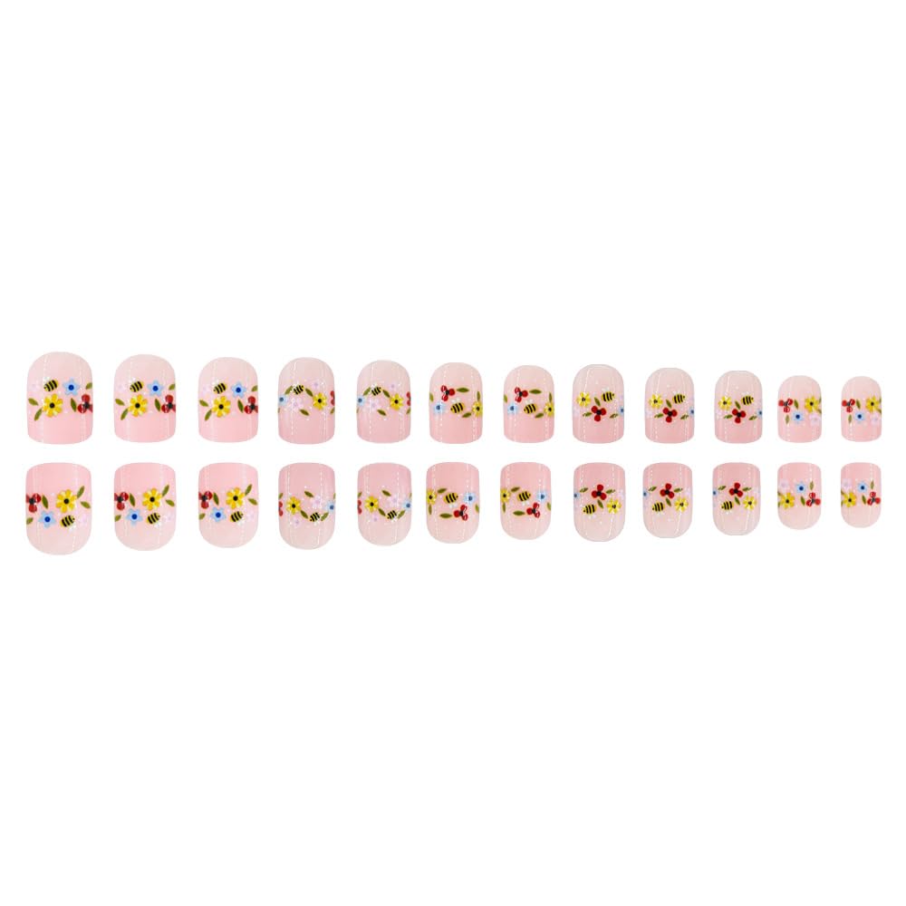 Spring Flowers Press on Nails Short Square Fake Nails with Colorful Flower | Bee Designs Acrylic False Nails Glossy Nude Glue on Nail Reusable Press ons Stick on Nails for Women Manicure 24Pcs