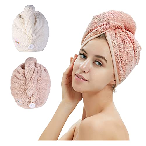 M-bestl 2 Pack Microfiber Hair Towel Wrap,Hair Drying Towel with Button,Quick Dry Hair Towel Turban for Women,Absorbent Anti-frizz Head Towel for Long Thick Curly Hair(Pink&Beige)