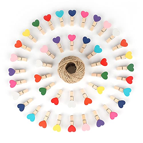 jijAcraft 100 Pcs Colorful Heart Wooden Photo Clips with Twine