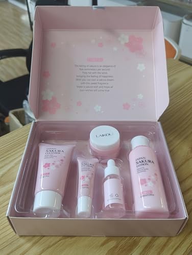 Yasovigi Sakura Skincare Set for Teens & Women - Travel-Friendly 5-Piece Kit with Cleanser, Toner, Serum, Eye & Face Cream