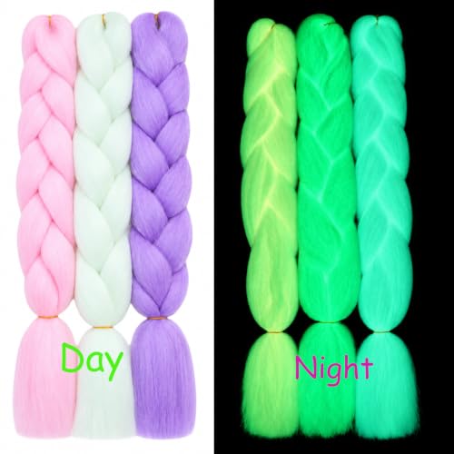 Orgwigs 24 Inch Colorful Glow in Dark Braiding Hair Extensions - White Pink Purple 3 Pack