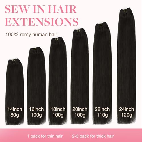 GOO GOO Sew in Hair Extensions Real Human Hair, Weft Hair Extensions Human Hair, 2 Dark Brown 20inch 100g, Weft Bundles Straight Silky Remy Hair