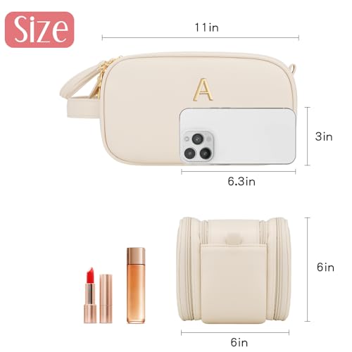 Personalized Beige Makeup Bag with Initial - Travel Toiletry Organizer