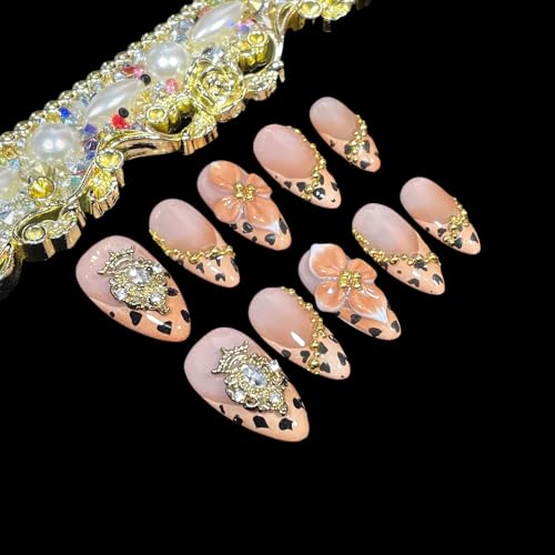 Handmade Press-On Nails 3D Flower & Gold Crown, M - Luxury Acrylic Fake Nails