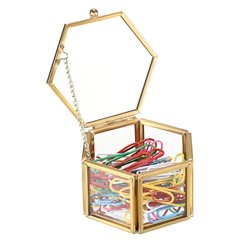 BTSKY Golden Glass Paper Clip Holder - Elegant Hexagon Desk Organizer