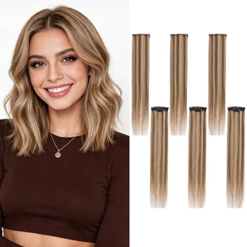 TESSHAIR 6PCS Clip-in Hair Extensions Medium Brown & Dark Blonde 10 Inch Short Straight for Women