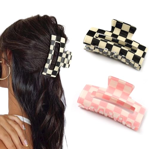 Paderison Pink Checkered Rectangle Claw Hair Clips 2-Pack Strong Hold Y2K Hair Accessories