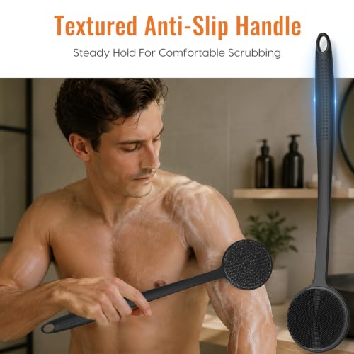 VWMYQ Black 17-Inch Silicone Back Scrubber with Long Handle - Double Sided Shower Body Brush for Exfoliating & Massage