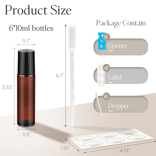 ZEJIA 10ml Glass Roller Bottles 6-Pack with Brown/Amber Glass and Stainless Ball