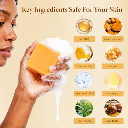 Kojic Acid Turmeric Brightening Soap Bars with Foaming Net - Skin Tone Corrector for Face & Body, 2-Pack