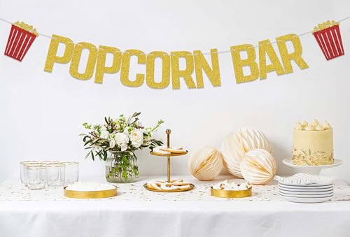 Gold Glitter Popcorn Bar Banner for Birthday & Wedding Parties