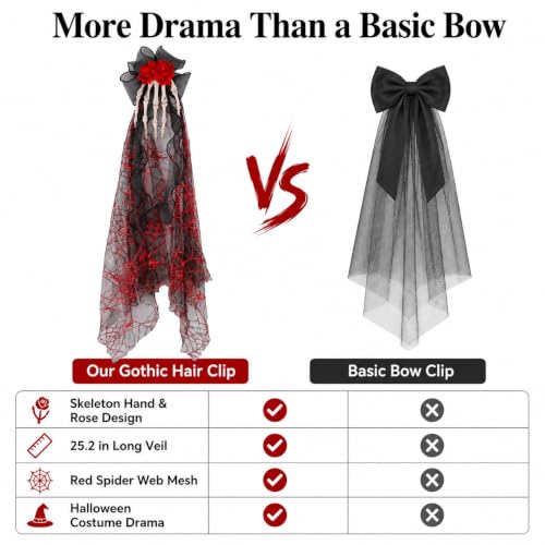 Gothic Skeleton Hand Hair Clip with Rose Veil - 25.2 in