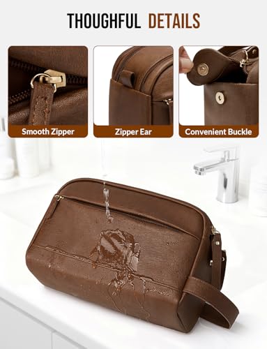 Celvetch Brown PU Leather Toiletry Bag for Men Medium Travel Organizer