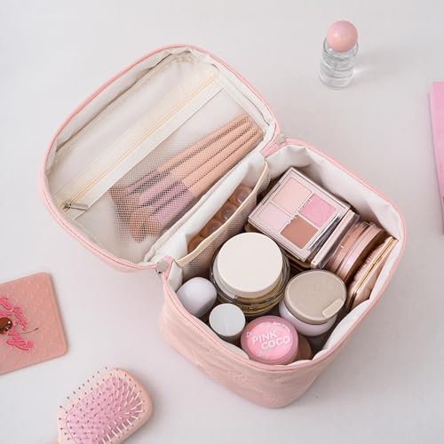 Pink Large Travel Makeup Bag with Mesh Pockets - Alamealle