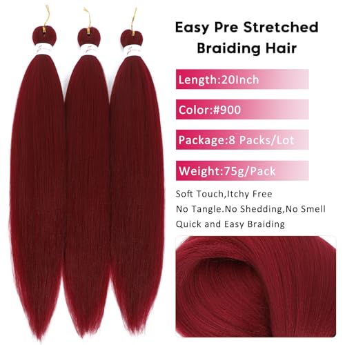 Riseety 20-Inch Pre-Stretched Braiding Hair - 8 Packs Burgundy Yaki Synthetic