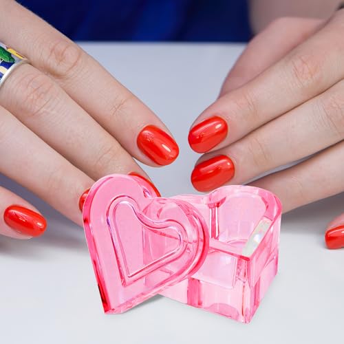 Pink Heart-Shaped Crystal Glass Nail Dish with Lid - Manicure Organizer
