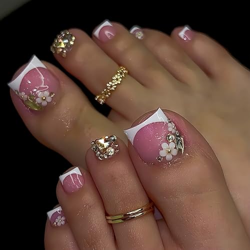 24 Pcs Gold Glitter Press On Toenails with Flower Designs
