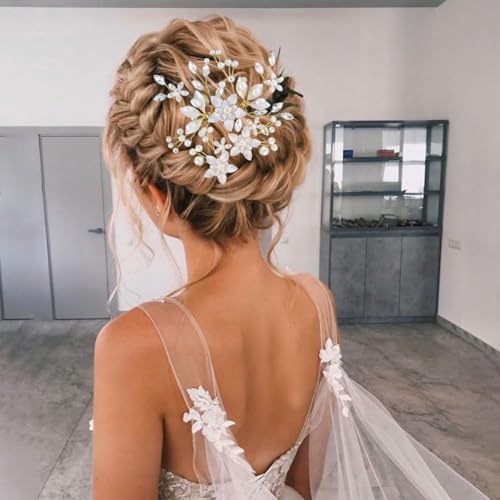IAXSEE 5 Pcs Bridal Flower Hair Pins with Crystals & Pearls for Wedding & Bridesmaids