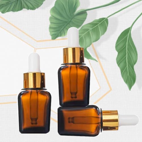 PYAWI 30ml Amber Square Dropper Bottles Pack of 12 with Gold Cap