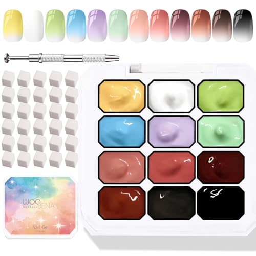 Woobena 12 Colors Gradient Nail Gel Kit with Sponge - No Wipe UV/LED Curing, Floral & Blush Art