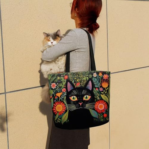 Mexican Folk Art Black Cat Tote Bag | Reusable Grocery Shopping Bag