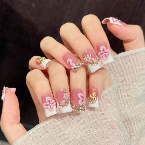 Handmade Duck Nails Style 22 - 10 Pcs Pink French Press On Nails with 3D Flower Designs