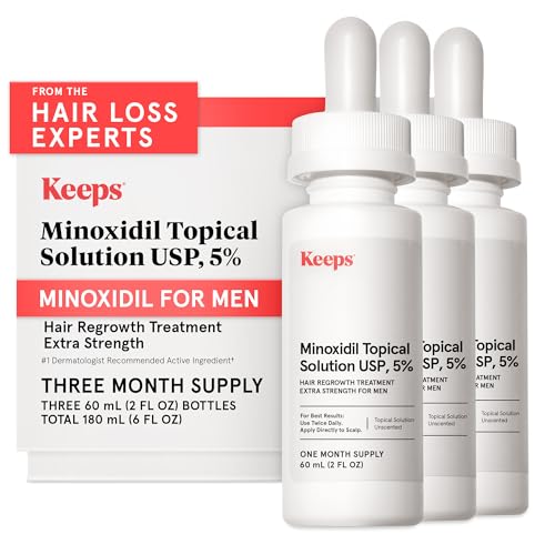 Keeps Minoxidil Solution 5% for Men - Extra Strength Topical Hair Regrowth Treatment - Non-Greasy Scalp Solution - Clinically Proven to Increase Hair Growth - 3 Month Supply (3 x 2 fl oz Bottles)