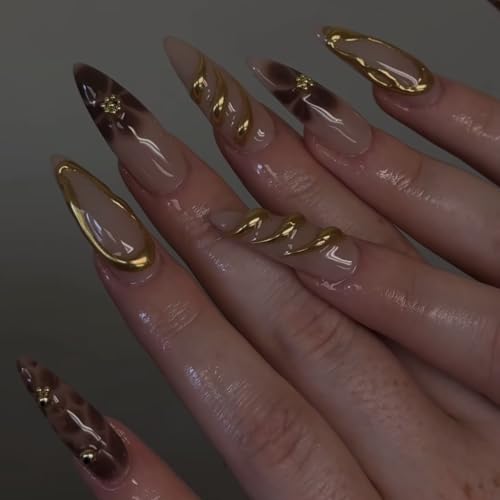 Almond Medium Leopard Press On Nails - 24 Pcs with Floral Design