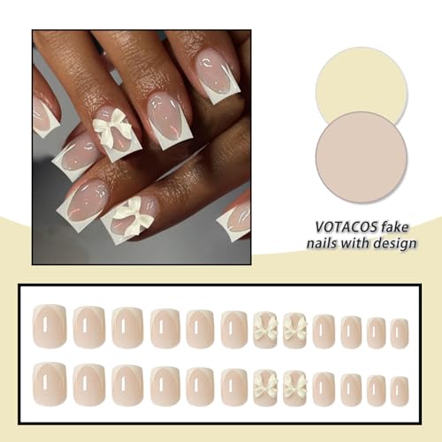 VOTACOS Milky Yellow French Tip Press On Nails Short Square with Bow Design 24PCS