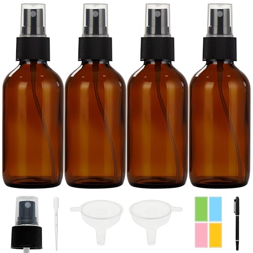 Dark Amber Glass Spray Bottles 4 oz, Small Glass Spray Bottles for Essential Oils, Fine Mist for Face, Hair, Plants, Travel, Perfumes, Cleaning Solutions - 4 Pack