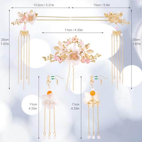 HINZIC 5Pcs Flower Tassel Hair Pins Set with Rhinestone Pearls & Earrings for Women & Girls