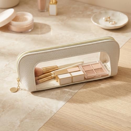 Portable Makeup Brush Bag with Zipper - White Pebbled Cosmetic Organizer