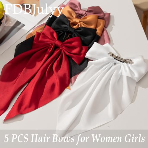 Black Satin Hair Bows & Clips Set for Women & Girls - 5 PCS, Non-Slip, Large Hair Accessories with Variation Colors