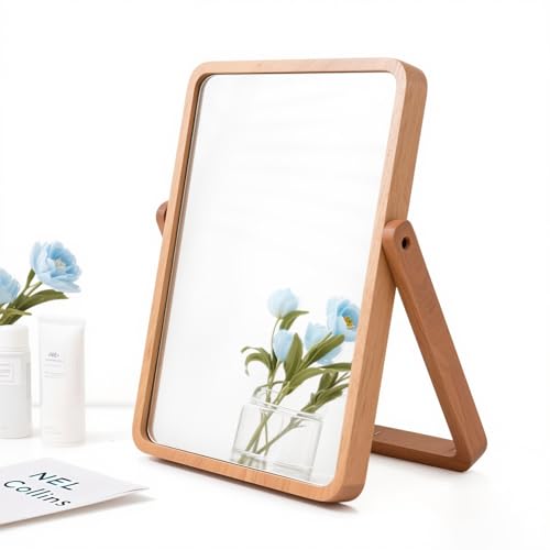 Desk Makeup Mirror with Wood Stand – Small Tabletop Vanity Mirror, 360° Rotating