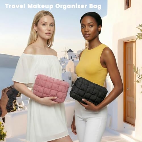 JZRTravel 3 Pack Puffer Quilted Makeup Bags Set - Dark Pink