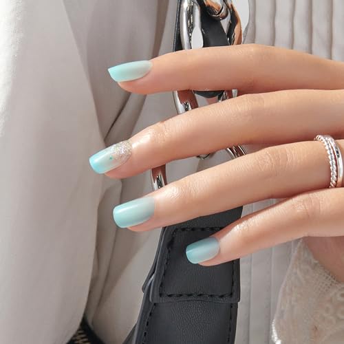 imPRESS Medium Blue Short No Glue Press On Nails - Eternity Design, Squoval Shape, 30 Nails & Tools
