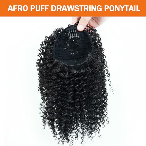MKJVEN Afro Kinky Curly Drawstring Ponytail 10 Inch - Natural 1B (With Clips)