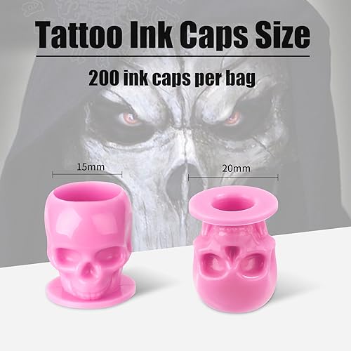 YILONG Skull 200pcs Disposable Tattoo Ink Cups with Stable Base Pink - 14mm Cap, 18mm Base