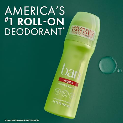 Ban Invisible Roll-On Antiperspirant Deodorant, 24-Hour Odor Protection, 3.5 oz, 2-Pack