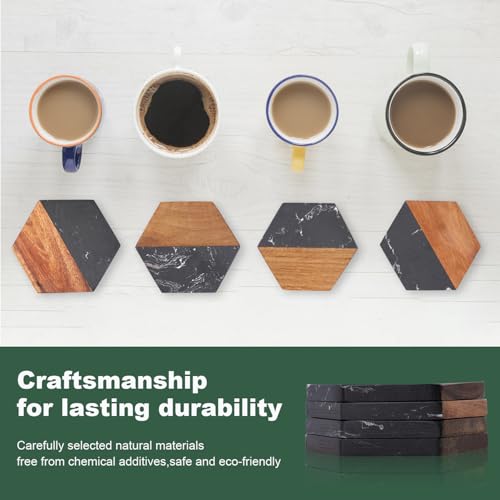 Elegant Black Marble Wood Coasters Set of 4 for Home & Office